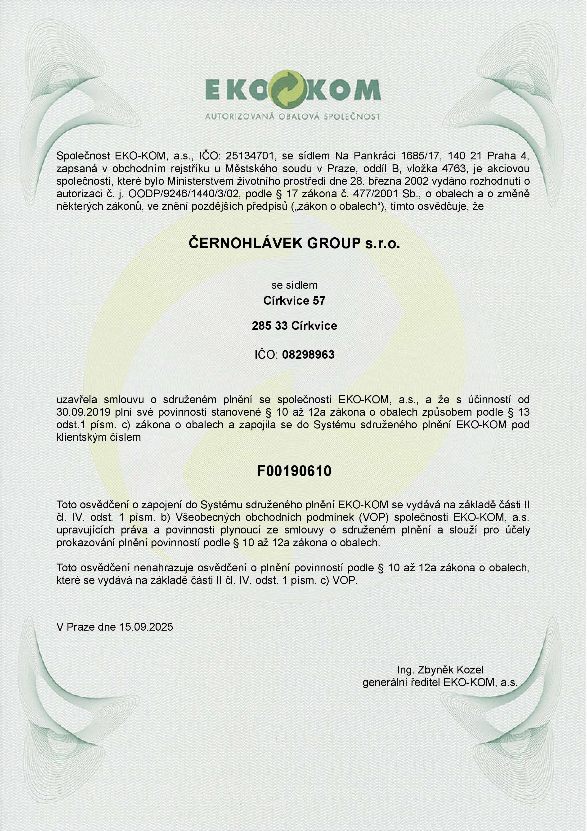 Certifikát EKO-KOM Černohlávek Group